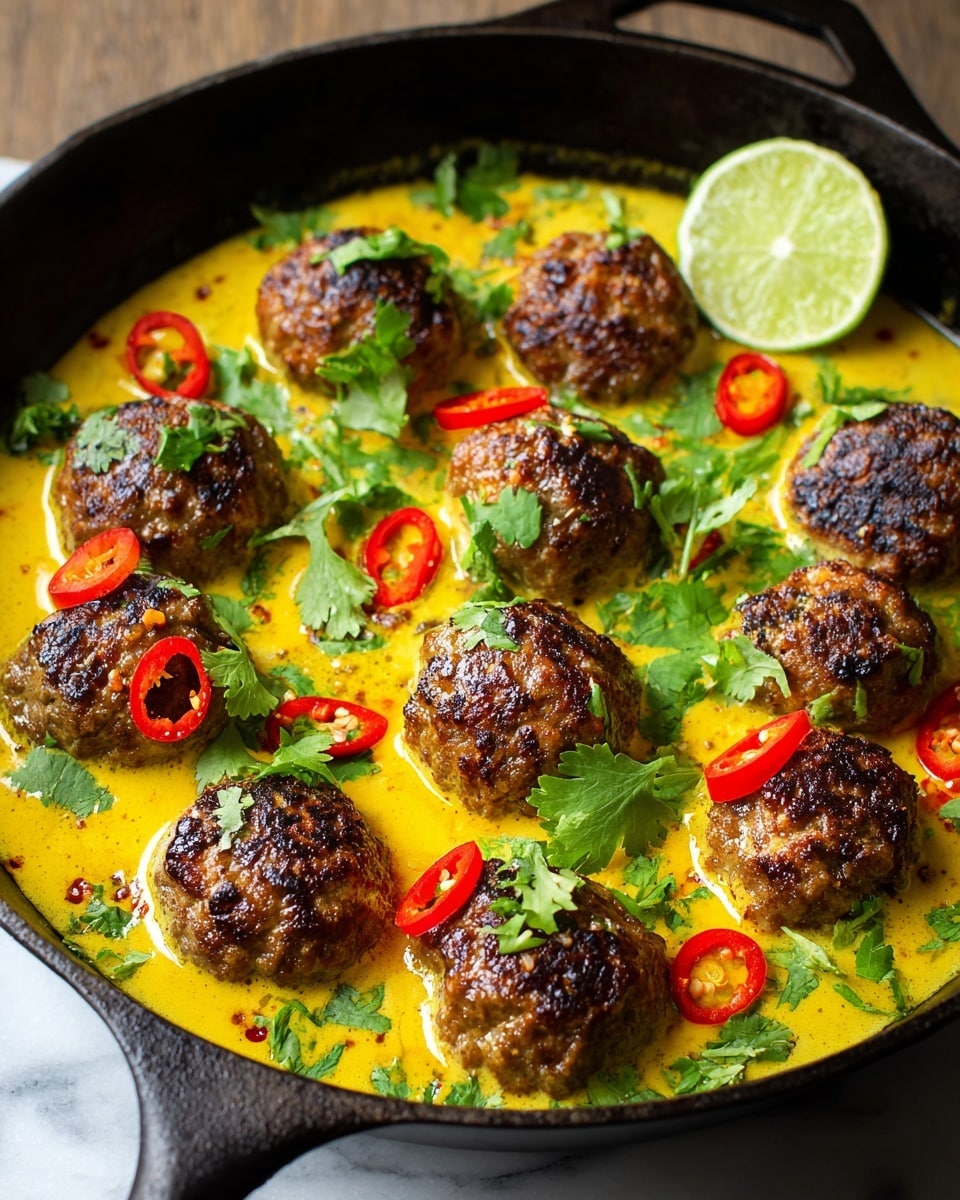 The image shows a cast-iron pan filled with nine browned meatballs resting in a bright yellow creamy sauce. Each meatball has a crispy, textured surface with dark brown spots, floating on the smooth sauce. Thin slices of red chili peppers and fresh green cilantro leaves are scattered over the meatballs and sauce, adding pops of color. A bright lime slice is placed at the back of the pan, slightly blurred. The pan sits on a white marbled textured surface. photo taken with an iphone --ar 4:5 --v 7