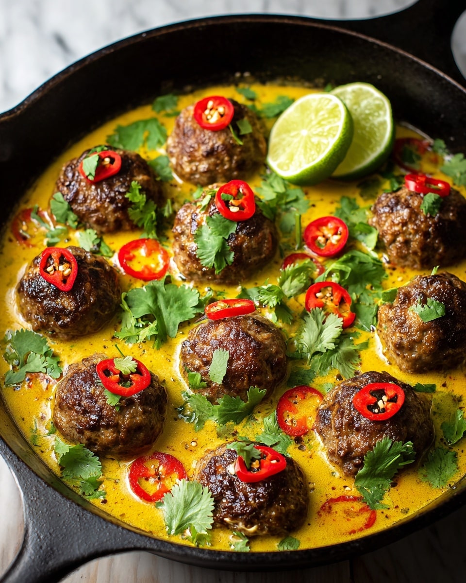 A black cast-iron skillet holds ten round, browned meatballs with a slightly rough texture, each nestled in a rich, creamy yellow sauce with smooth consistency. Thin slices of bright red chili peppers and fresh green cilantro leaves are scattered on top and around the meatballs, adding vibrant color contrasts. A halved lime with its light green, juicy interior is placed at the back edge inside the skillet. The skillet sits on a white marbled texture surface. photo taken with an iphone --ar 4:5 --v 7