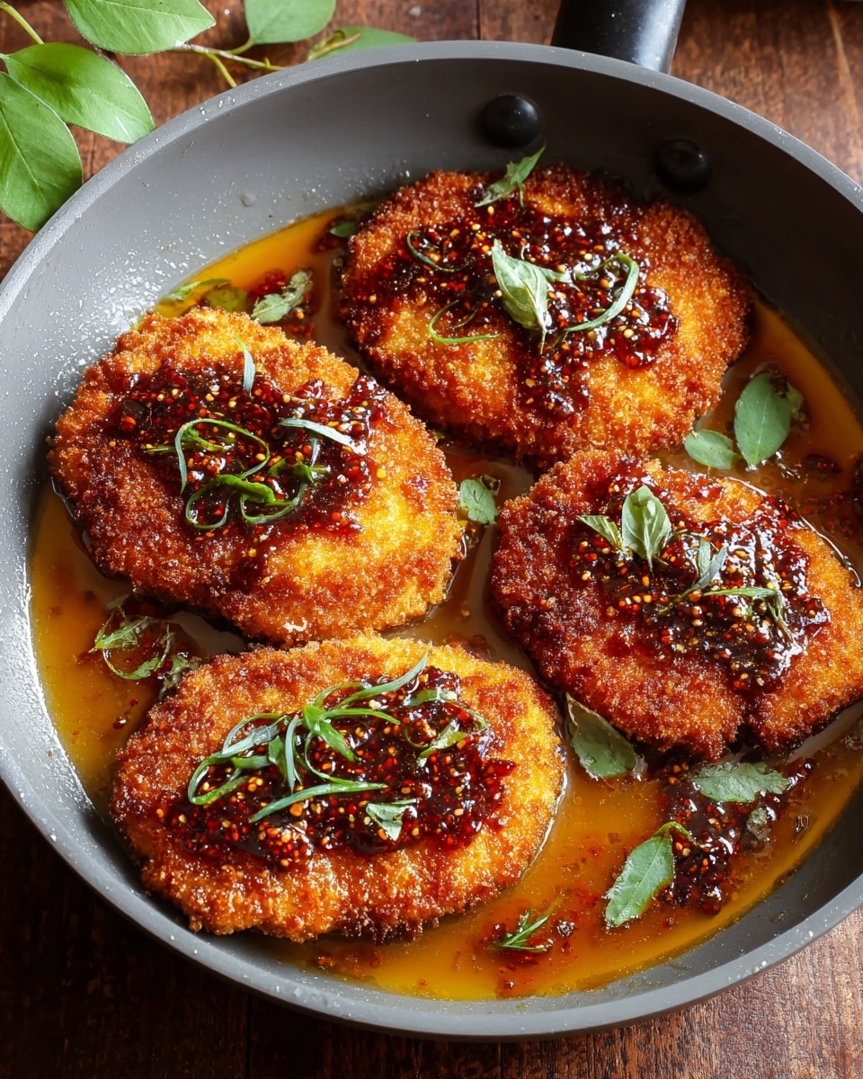 Four breaded, golden-brown fried cutlets are arranged close together inside a gray pan, each cutlet topped with a dark reddish-brown glossy sauce that has visible seeds and bits, and sprinkled with thin strips of fresh green herbs. The cutlets sit in a shallow pool of shiny orange-brown sauce at the bottom of the pan. The pan is placed on a brown wooden surface with some green leaves slightly visible in the top left corner. photo taken with an iphone --ar 4:5 --v 7