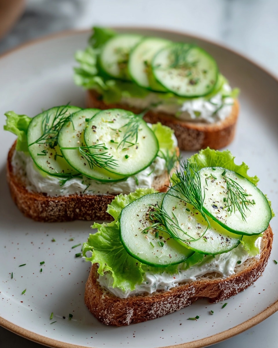 Three open sandwich halves sit on a white plate with a light speckled rim against a white marbled texture. Each sandwich has a base layer of toasted brown bread that is crunchy and textured. On top of the bread is a thick spread of white creamy cheese, smooth and rich. Fresh green lettuce leaves, crisp and slightly curled, form the next layer. On top are thin, round slices of bright green cucumber with a glossy, moist appearance. The sandwiches are finished with small sprigs of fresh dill and a sprinkling of chopped chives and coarse black pepper, adding contrast in texture and color. photo taken with an iphone --ar 4:5 --v 7