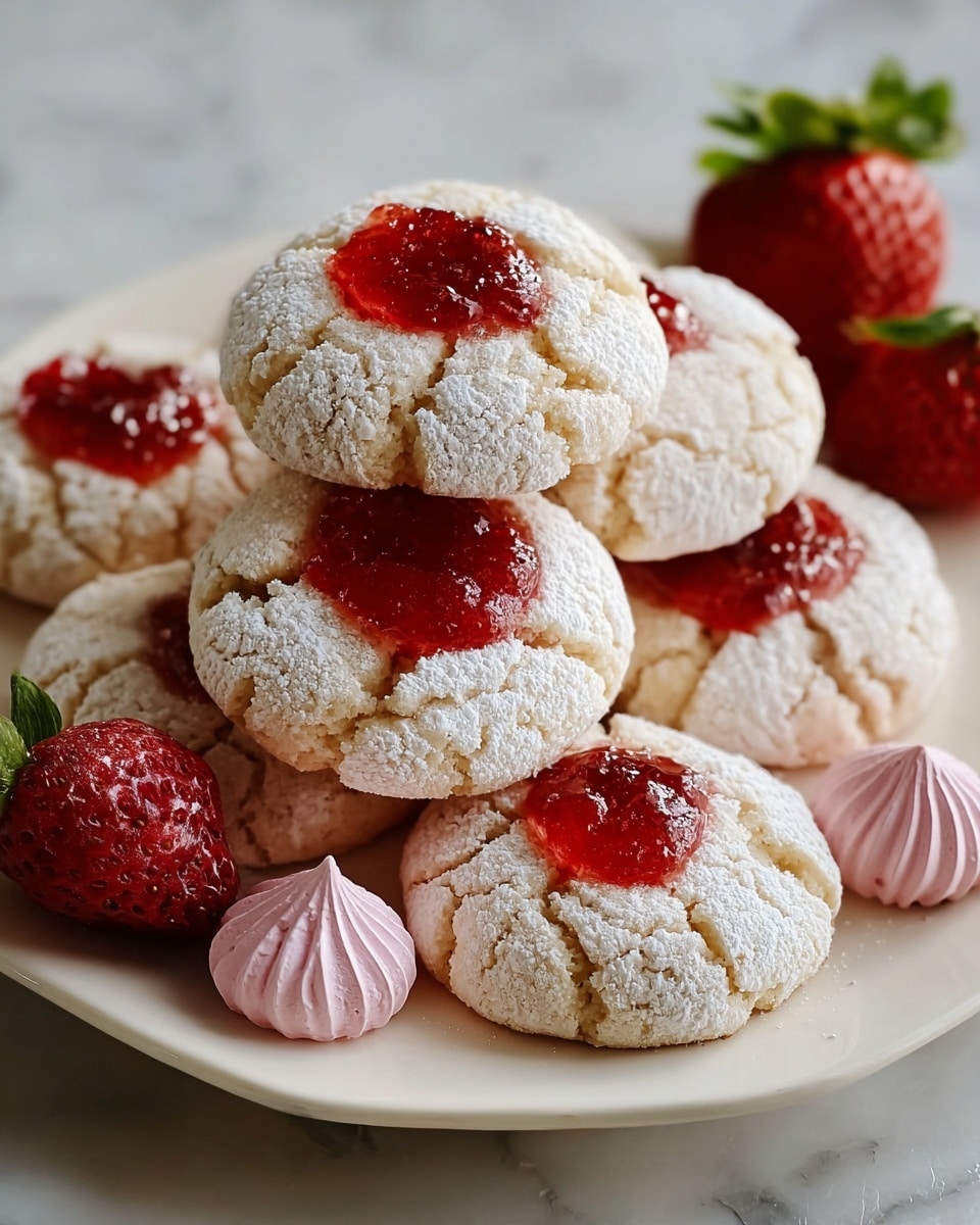 A white plate holds a stack of six cracked cookies dusted with white powdered sugar, each topped with a bright red strawberry jam center. Around the cookies, there are three pink meringue drops with a smooth, slightly ridged texture. Three whole fresh strawberries with their green leaves are placed near the cookies and meringues, adding a fresh, bright red color. The plate sits on a white marbled surface, creating a clean and bright setting. photo taken with an iphone --ar 4:5 --v 7