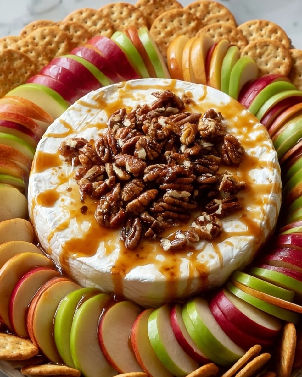 A white round cheese layer topped with chopped and whole pecans sits in the center, drizzled with a shiny caramel sauce. Surrounding the cheese are thinly sliced apples in red, green, and yellow colors arranged in neat overlapping rows. On the outer edge, round crackers with a golden brown color form a ring around the fruit. The dish is placed on a white marbled texture surface. Photo taken with an iphone --ar 4:5 --v 7