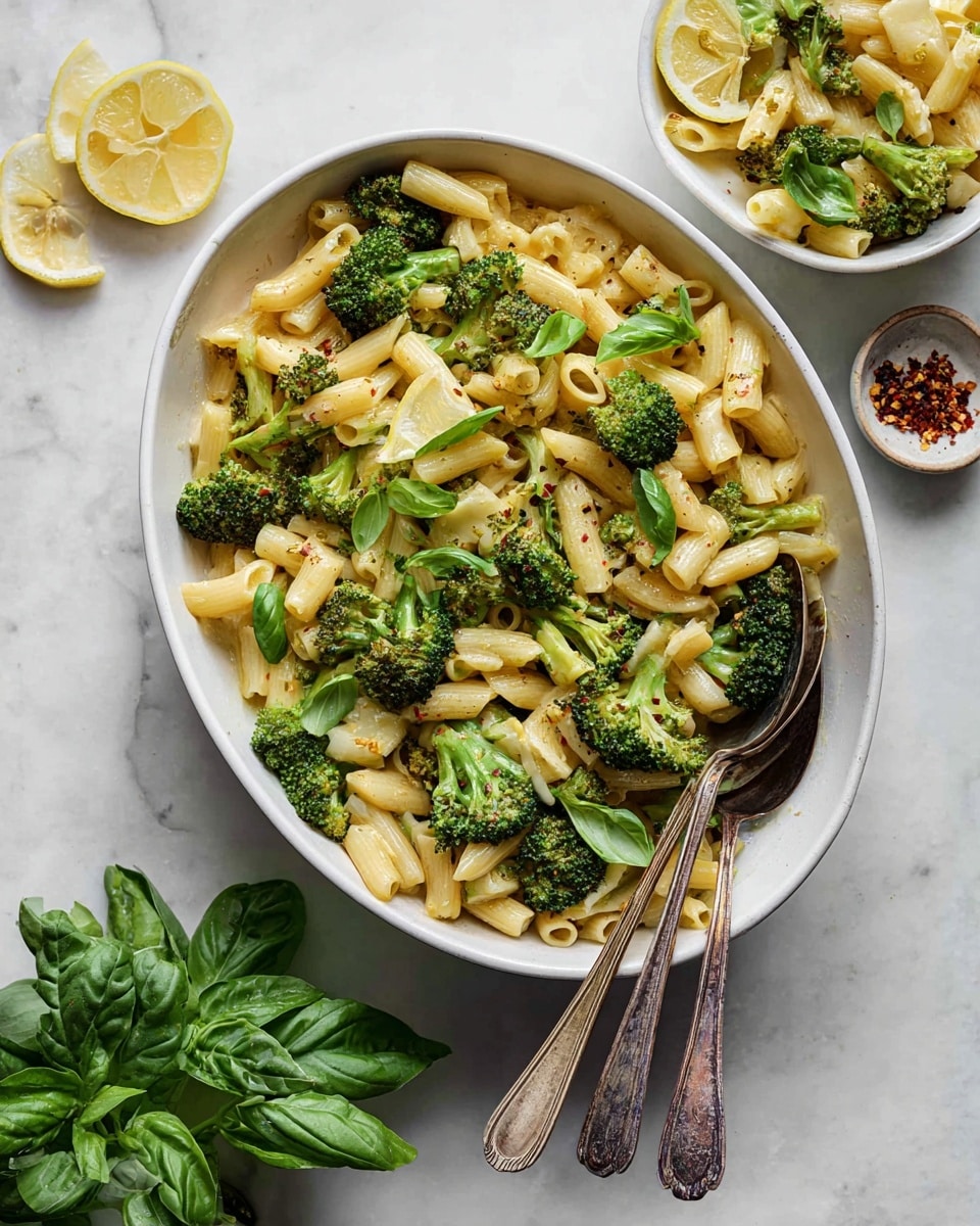 The image shows a white oval bowl filled with a pasta dish that has two main layers: a base of short, tubular pasta in a light golden color, mixed with sautéed broccoli florets with a bright green color on top, and scattered thin green basil slices throughout. The pasta looks slightly glossy and soft, while the broccoli is fresh and firm. At the bottom left of the bowl, there is a bunch of fresh whole green basil leaves as a garnish. Two vintage metal spoons with a worn look are placed inside the bowl on the top side. Surrounding the bowl, on a white marbled white marbled texture, are a small white bowl with lemon wedges, a small white bowl with chili flakes, and part of another white bowl with a similar pasta and broccoli dish. photo taken with an iphone --ar 4:5 --v 7