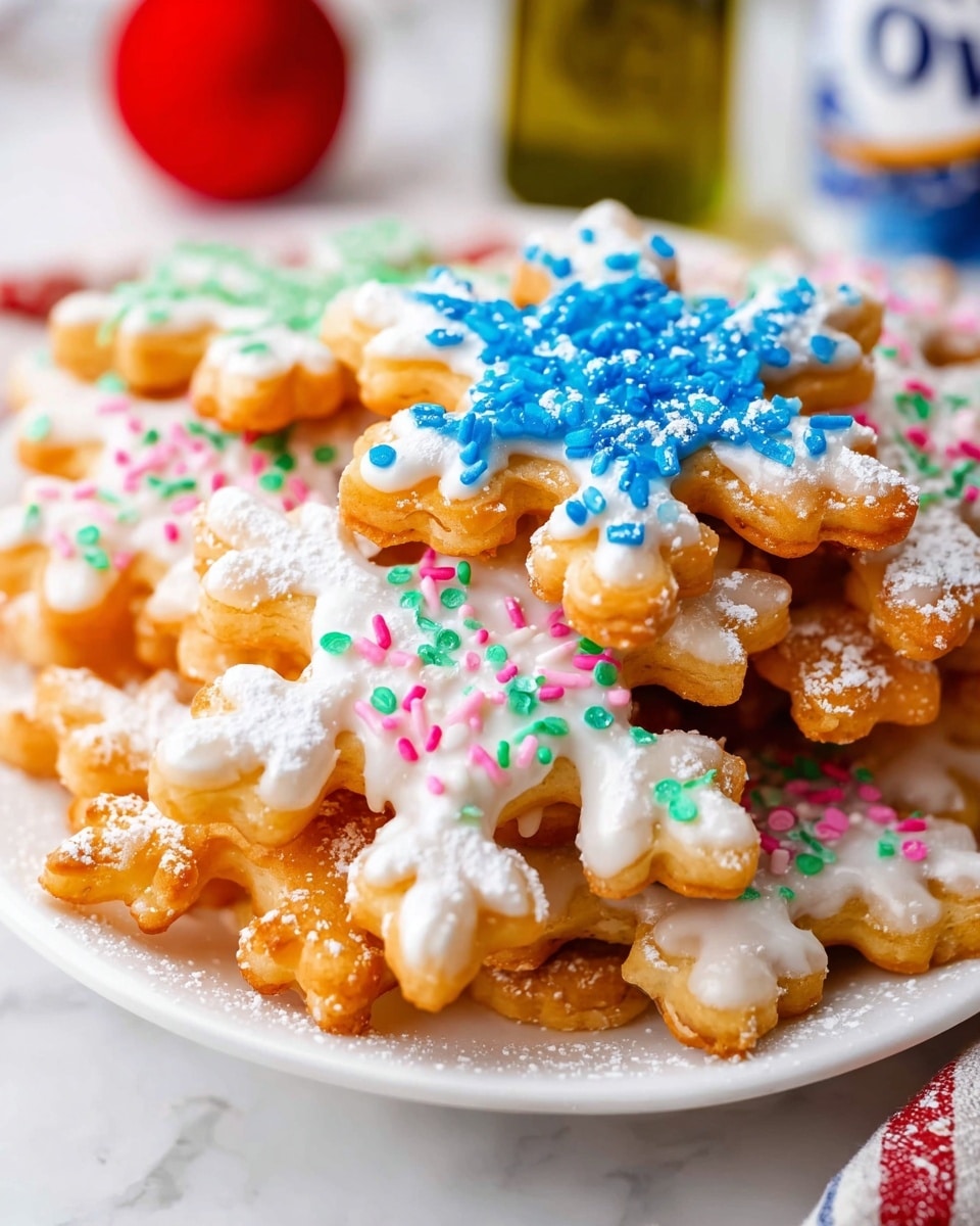 A white plate is filled with several golden brown fried snowflake-shaped cookies. They are stacked in layers, some lightly dusted with white powdered sugar, while others are decorated with thick white icing and bright colorful sprinkles in blue, pink, green, and multicolor patterns. The snowflake shapes show clear detailed edges with some cookies topped with blue round and rod-shaped sprinkles, and others with pink and green round sprinkles. The plate is set on a white marbled surface, with a blurred bottle and a red round object in the background, adding a cozy holiday feel. Photo taken with an iphone --ar 4:5 --v 7