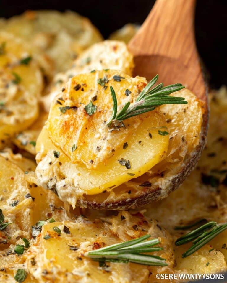 Slow Cooker Scalloped Potatoes with Gruyere, Cheddar, and Fresh Herbs Recipe