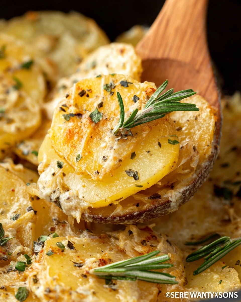 A close-up of a dish showing several layers of thin yellow potato slices covered with melted light golden cheese mixed with small bits of herbs and black pepper, garnished with fresh green rosemary sprigs and chopped parsley. The potatoes have a slightly browned texture at edges, showing a creamy inside, held by a wooden spoon against a soft-focused white marbled background. photo taken with an iphone --ar 4:5 --v 7