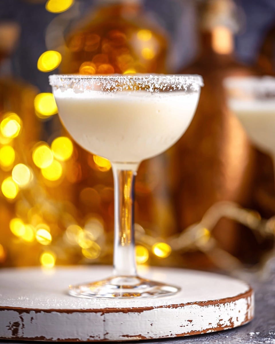 A clear glass stands with a thick white creamy drink inside, topped by a rim coated with coarse white salt. The glass has a long, thin stem and sits on a round rustic white board with chipped edges revealing brown underneath. In the blurred background, warm yellow lights and indistinct bottles create a cozy atmosphere. Photo taken with an iphone --ar 4:5 --v 7