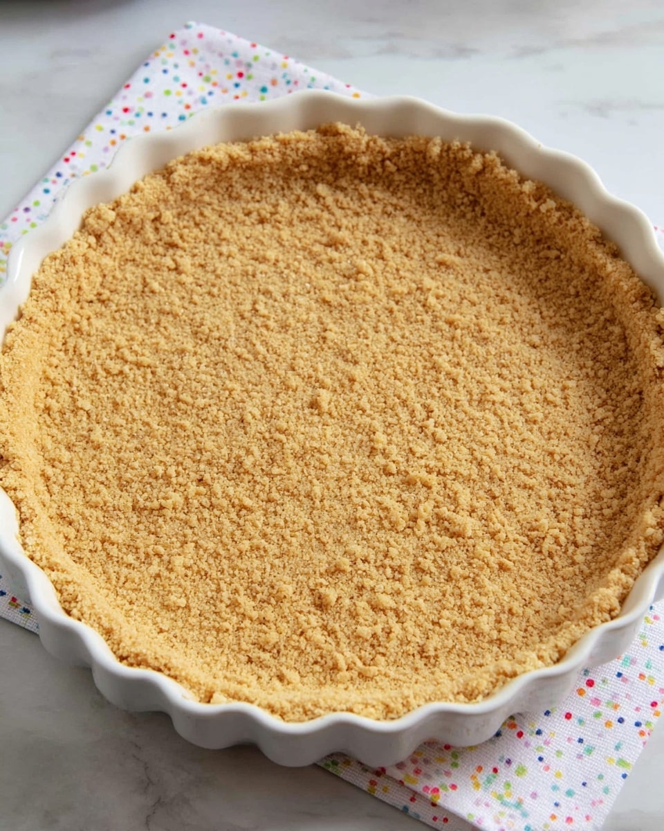 A close-up view of a single-layer pie crust made from crushed golden brown crumbs, pressed evenly into a round white fluted pie dish, forming a smooth, compact base with slightly raised edges that are thicker and textured from the crumbs. The crumbs vary in size creating a rough, grainy appearance throughout the crust. The pie dish sits on a white marbled surface with a white cloth featuring small colorful dots under the left and bottom edges. Photo taken with an iphone --ar 4:5 --v 7