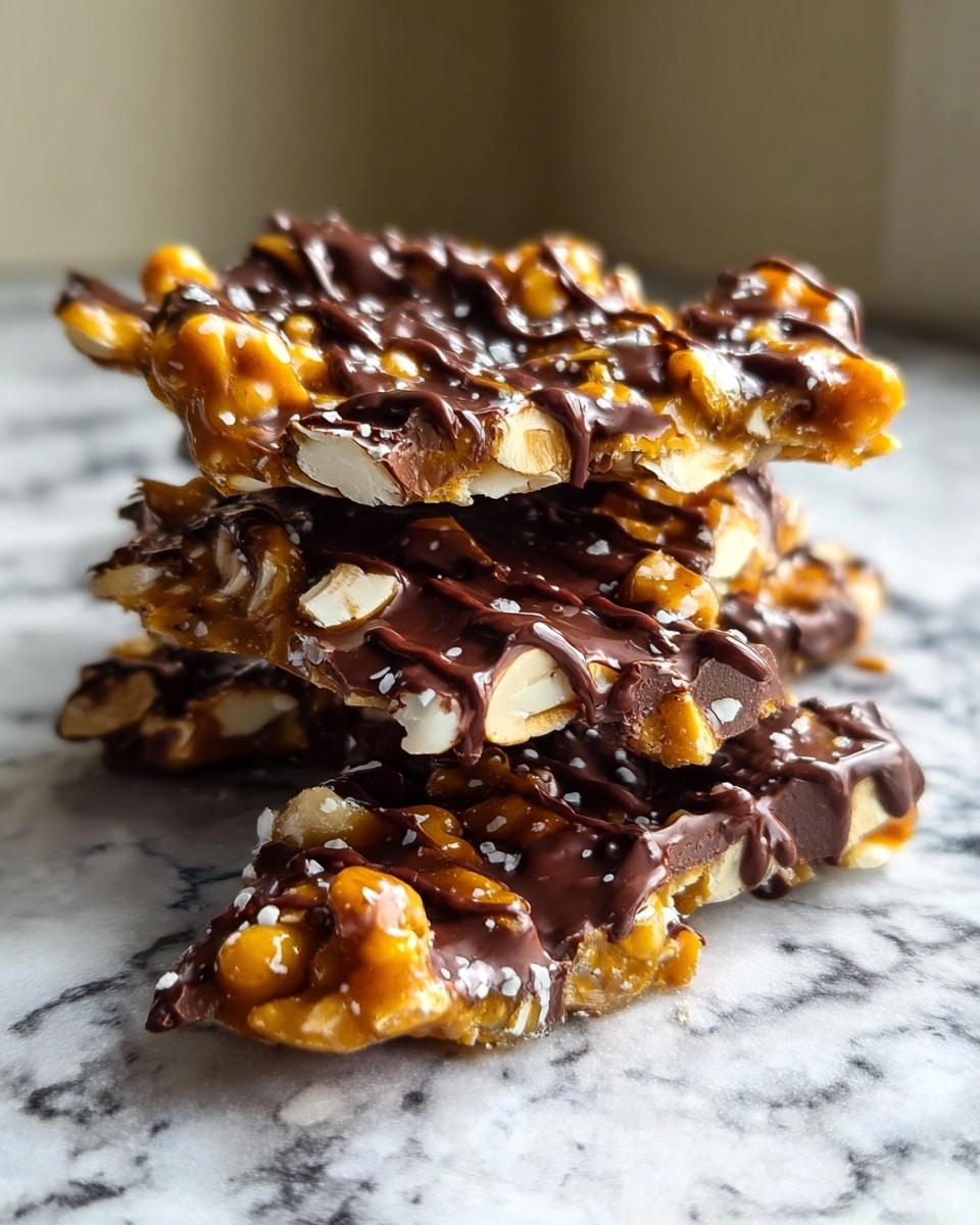 A small pile of three brittle pieces stacked unevenly on a white marbled surface, each piece showing a rough texture with golden caramel mixed with whole and broken light brown nuts, generously drizzled with dark chocolate that creates a shiny and smooth contrast over the crunchy caramel and nuts, with some chocolate dripping slightly off the edges, all positioned near a window with soft natural light enhancing the glossy and textured layers of the brittle. photo taken with an iphone --ar 4:5 --v 7