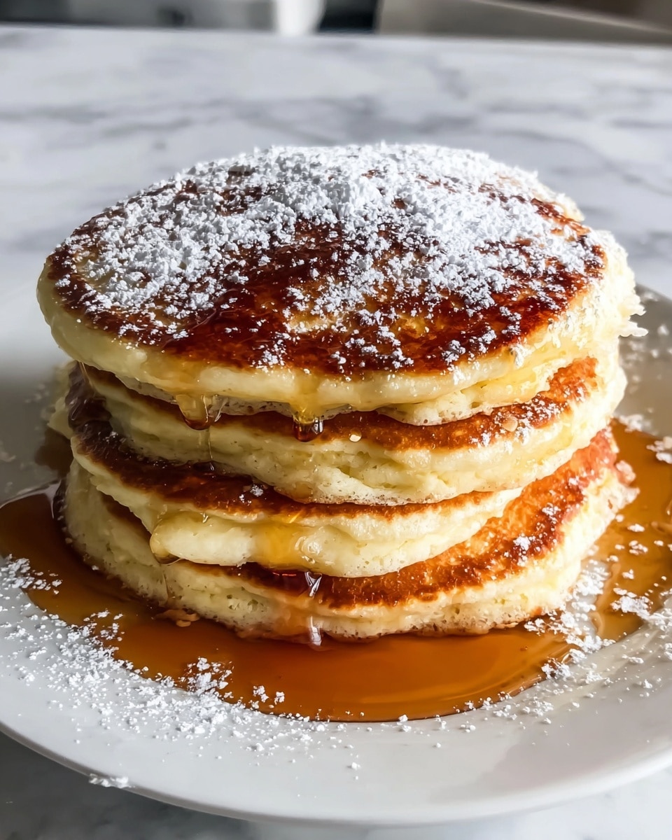 A stack of four thick, golden-brown pancakes sits on a white plate, each pancake showing a slightly uneven, fluffy texture with light browning on the edges. The top pancake is covered with a dusting of white powdered sugar, while amber maple syrup slowly drips down over the sides and pools around the base, adding a shiny, sticky layer that contrasts with the soft pancakes. The scene is set against a white marbled texture surface in the background, giving a clean and fresh look. photo taken with an iphone --ar 4:5 --v 7