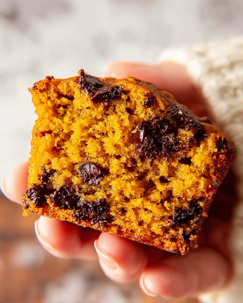 A close-up view of a moist pumpkin chocolate chip muffin piece, showing one layer of dense, soft orange-brown cake with dark glossy chocolate chips unevenly spread throughout, held between the thumb and fingers of a woman's hand, against a white marbled texture background. photo taken with an iphone --ar 4:5 --v 7