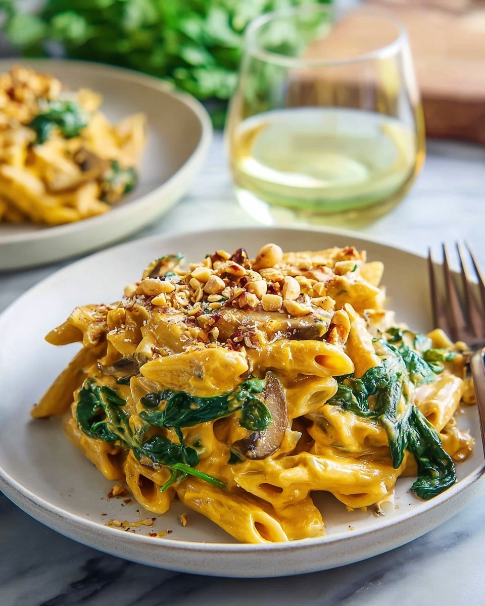A close-up of a pasta dish served on a white plate, showing about three layers: the base layer is creamy yellow-orange sauce generously coating the penne pasta, the middle layer contains bright green spinach leaves mixed throughout, and the top layer is sprinkled with chopped toasted nuts adding texture. The pasta looks soft and creamy with some mushroom slices visible mixed in. The plate is on a white marbled surface with a glass of light yellow drink nearby and some greens blurred in the background. photo taken with an iphone --ar 4:5 --v 7