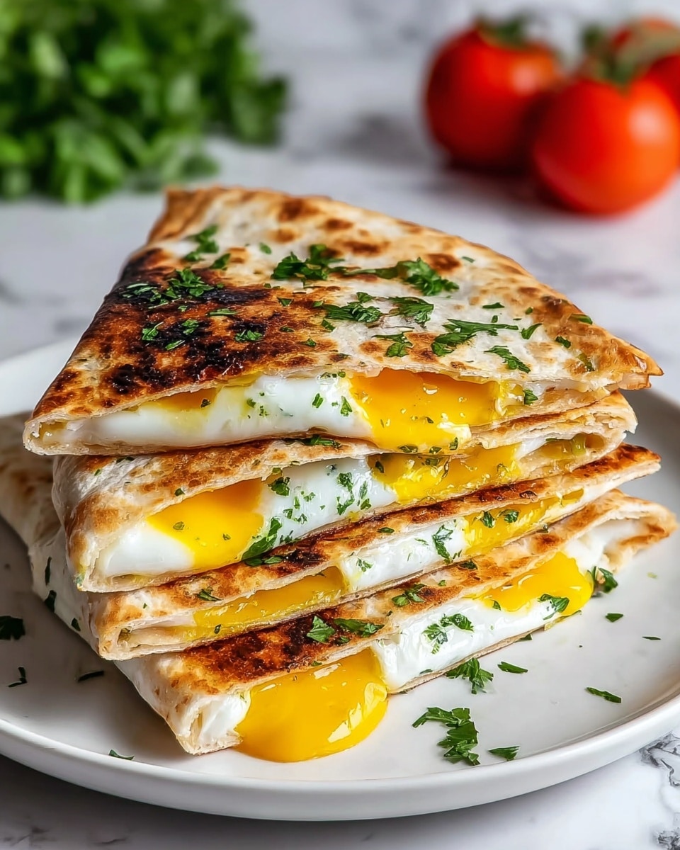 A stack of four folded flatbreads with a golden-brown toasted crust sits on a white plate. Between each flatbread layer is melted orange cheese, and thin white cooked egg whites are also layered inside. On top of the stack is a perfectly cooked sunny-side-up egg with a bright yellow yolk and white edges, sprinkled with chopped green herbs. Additional chopped herbs are scattered around the plate, all placed on a white marbled surface with ripe red tomatoes in the background. photo taken with an iphone --ar 4:5 --v 7