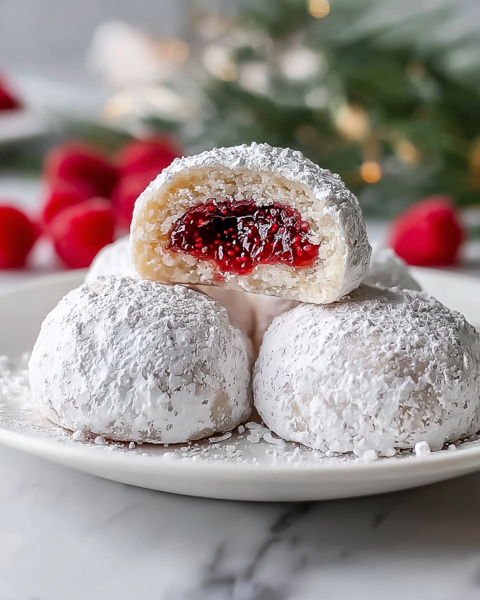 A white plate holds three round cookies covered heavily in white powdered sugar, giving them a rough and snowy texture. One cookie is cut in half and placed on top, showing three distinct layers: the outer white powdered sugar crust, a thin light beige dough layer with a smooth texture, and a bright red, juicy jam center filled with visible raspberry seeds. The plate is set on a white marbled surface, and blurred fresh red raspberries and greenery form a soft background. Photo taken with an iphone --ar 4:5 --v 7