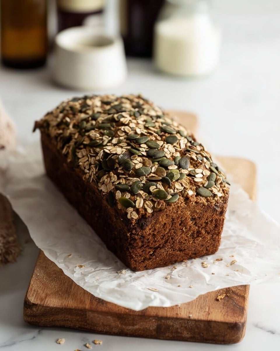 A loaf of bread sits on a piece of white parchment paper on top of a wooden board, with a white marbled surface underneath. The bread has a rough and slightly cracked dark brown crust and is topped with a thick layer of mixed seeds including sunflower seeds and pumpkin seeds, creating a textured and colorful topping with green and beige tones. The loaf is rectangular and tall, with a rustic, homemade look. In the background, there are blurry elements like bottles and a white butter dish, adding to the cozy kitchen scene. Photo taken with an iphone --ar 4:5 --v 7