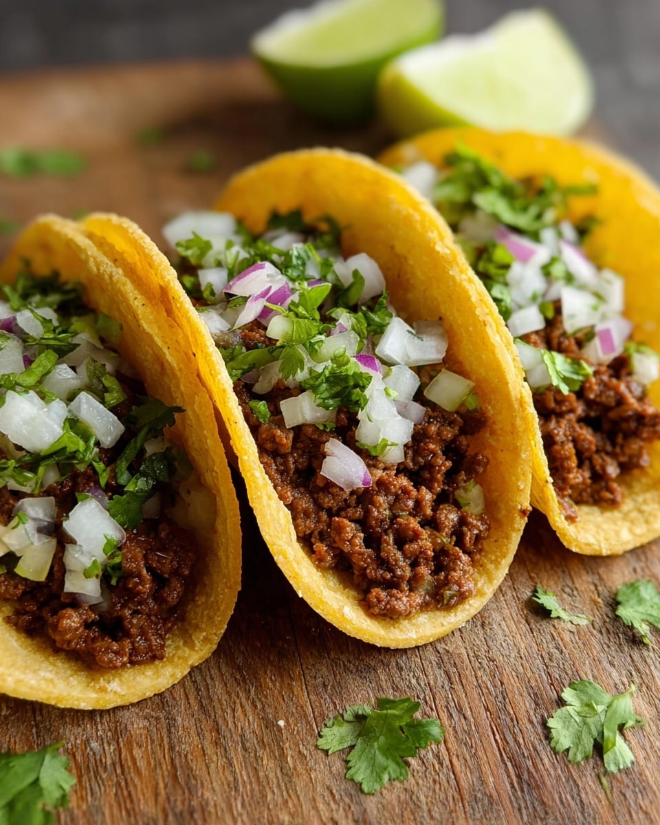 Three small tacos sit side by side on a wooden surface with two lime wedges blurred in the background. Each taco has two layers: the yellowish-brown corn taco shell is the base, with a rough, slightly grainy texture. Inside, there is a thick layer of dark brown, finely crumbled cooked meat. On top, a fresh layer of diced white onions mixed with chopped green cilantro and bits of red onion adds color and texture. A few sprigs of cilantro are scattered near the edges of the tacos. photo taken with an iphone --ar 4:5 --v 7
