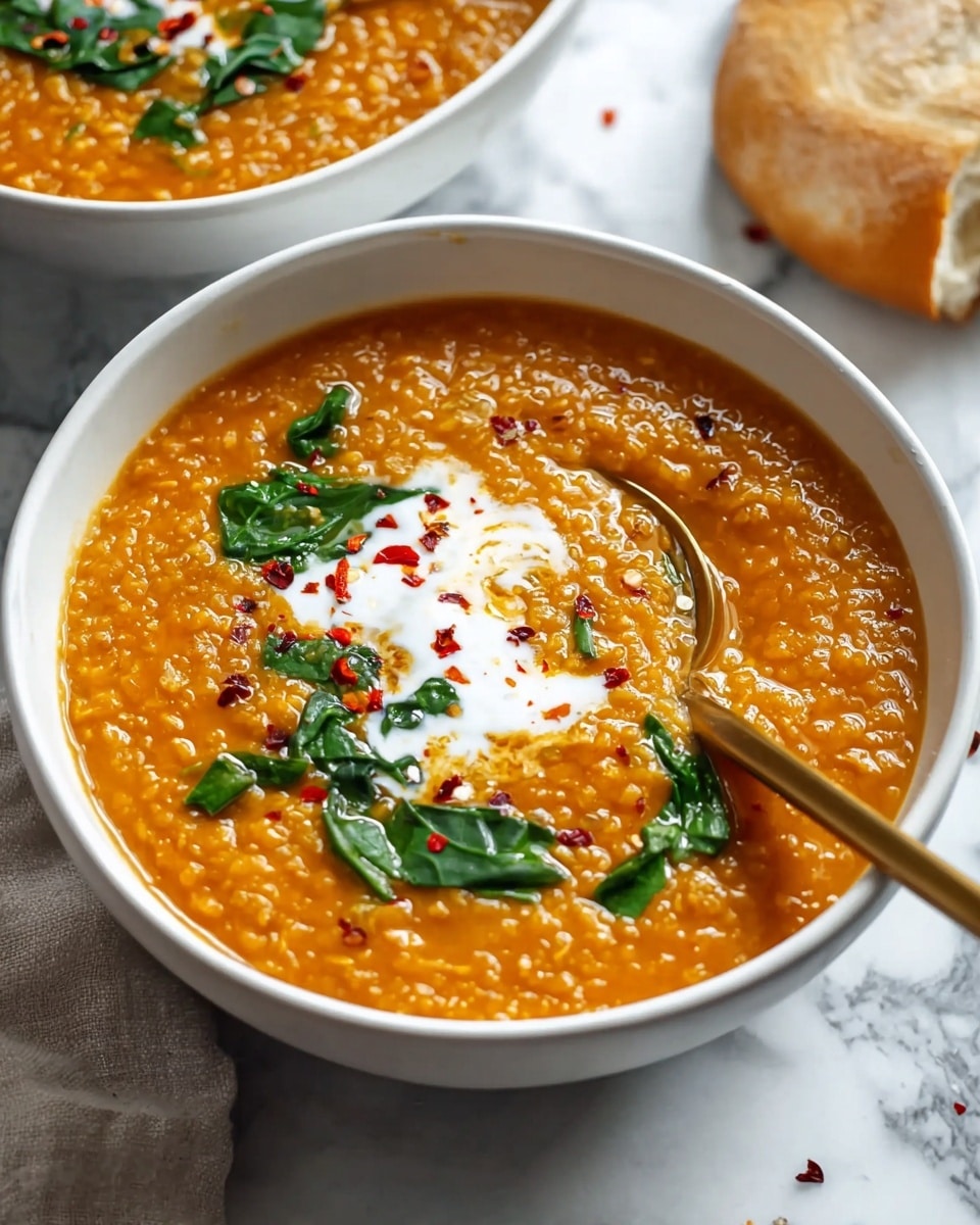 A white bowl filled with thick, orange lentil soup that has a slightly textured surface, topped in the center with a dollop of creamy white yogurt. Around the yogurt, there are bright green chopped spinach leaves scattered, along with small red chili flakes adding a pop of color. A gold spoon is placed resting in the soup on the right side of the bowl. In the background, part of a similar bowl and a round bread piece can be seen on a white marbled surface. photo taken with an iphone --ar 4:5 --v 7