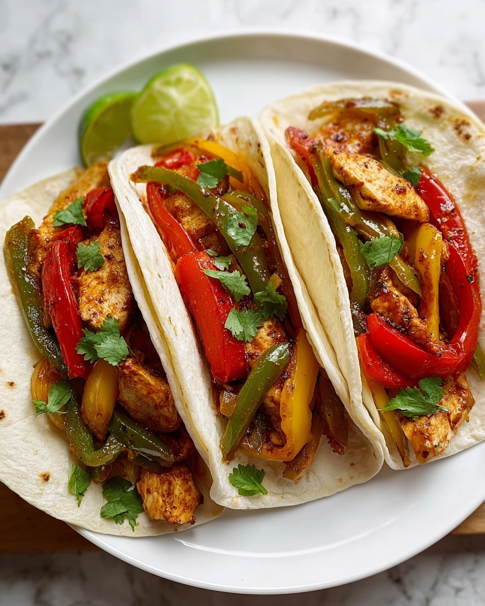 Three soft white tortillas are placed on a white plate on a white marbled surface. Each tortilla holds a layer of cooked chicken pieces with a brown and crispy texture, topped with sautéed bell peppers in red, yellow, and green colors. On top of the peppers, fresh green cilantro leaves are scattered, adding a touch of brightness. A small wedge of lime with light green color is placed at the side of the plate. The colors are vibrant and the textures vary from soft tortillas to tender chicken and slightly crisp peppers. photo taken with an iphone --ar 4:5 --v 7