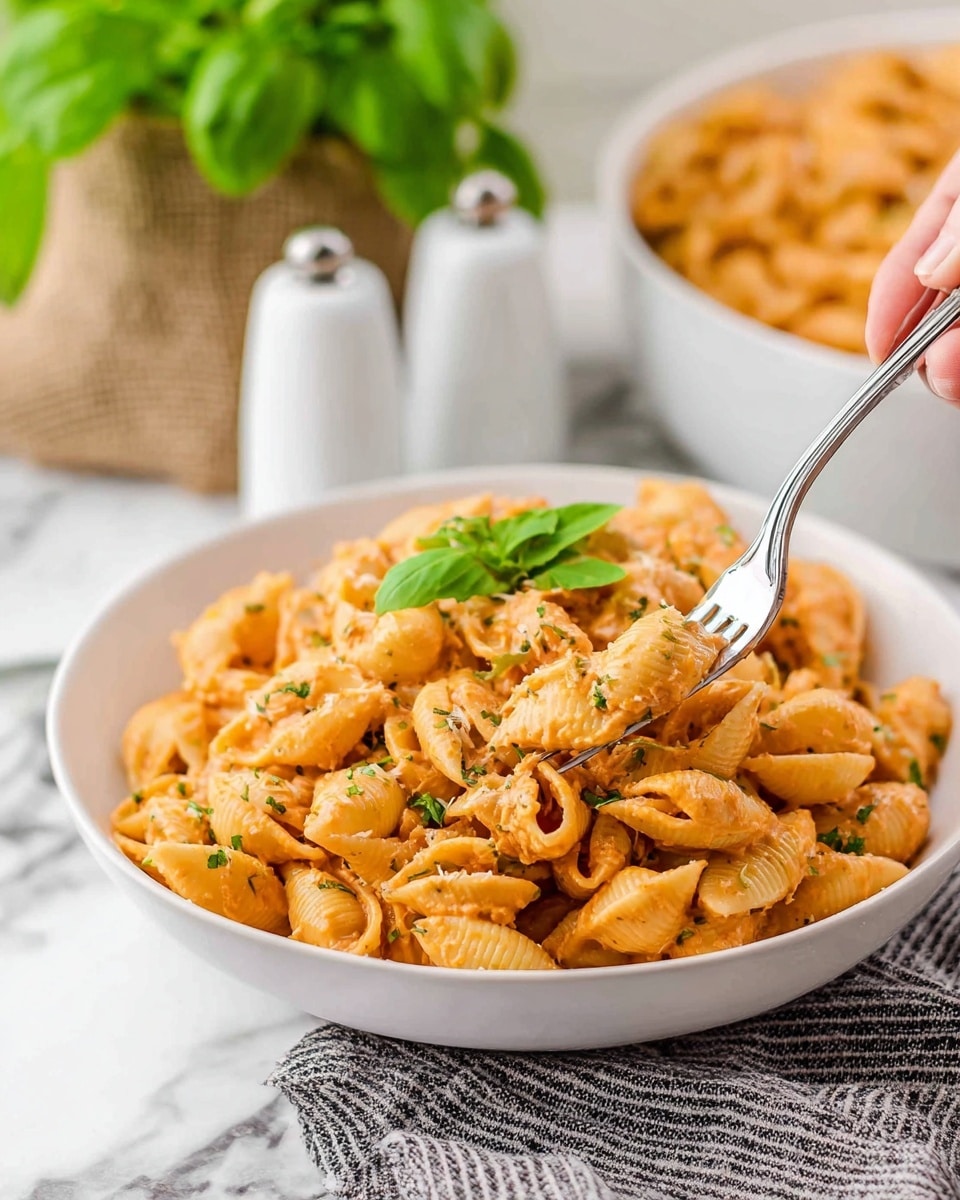 A white bowl filled with three visible layers of small shell pasta coated in a creamy orange sauce with green herbs sprinkled throughout. The pasta fills the bowl fully, with a few pieces raised on a silver fork held by a woman's hand that enters from the right side. A bright green basil leaf decorates the top center of the pasta for a pop of color. In the background, a large white bowl with more pasta is blurred, alongside two white salt and pepper shakers and a green plant in a burlap sack. The setting rests on a white marbled surface with a grey and white striped cloth partially visible at the bottom. photo taken with an iphone --ar 4:5 --v 7