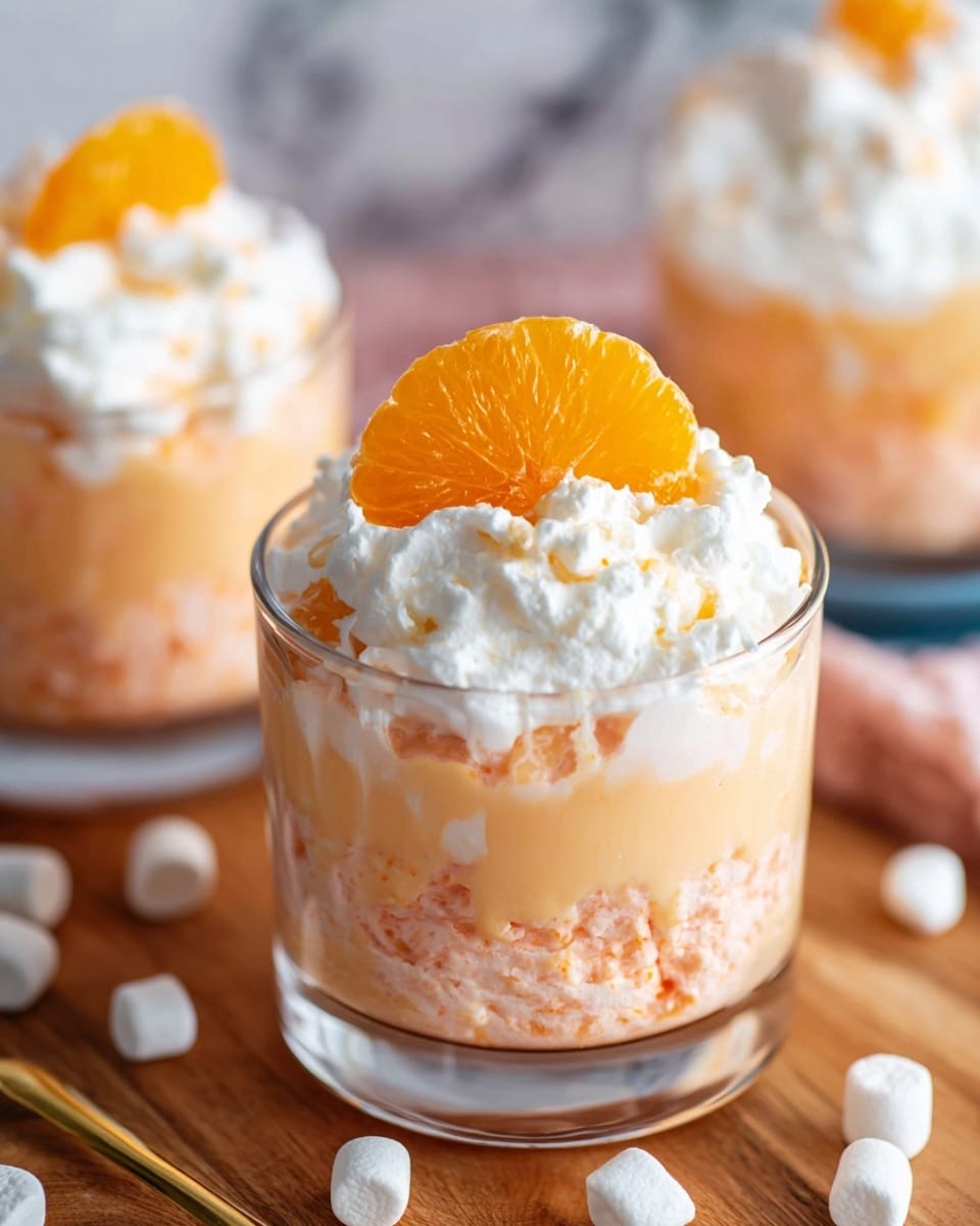 A clear glass cup holds a dessert with two main layers; the bottom and middle layers are creamy and textured, colored light orange with visible small bits, looking fluffy and soft. On top is a thick layer of smooth white whipped cream, crowned with a bright orange mandarin slice sitting in the center. The cups rest on a wooden surface with scattered small white marshmallows around them, and the background shows a white marbled texture. Photo taken with an iphone --ar 4:5 --v 7