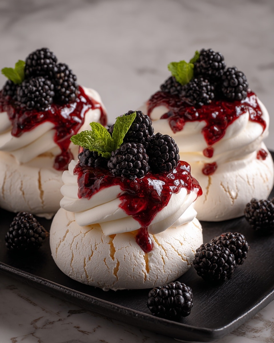 The image shows three pavlova nests placed on a dark tray. Each pavlova has a base layer of crisp white meringue with a slightly rough texture and smoothly swirled top edges. On the meringue, there is a thick layer of white whipped cream, holding a topping of red mixed berry sauce that drips down the sides. Fresh blackberries sit on top of the sauce, with small bright green mint leaves adding a fresh color contrast. Some extra blackberries are placed on the tray, enhancing the visual appeal. The photo is taken on a white marbled surface and captures the delicate texture of the pavlova and the shine of the berries. Photo taken with an iphone --ar 4:5 --v 7