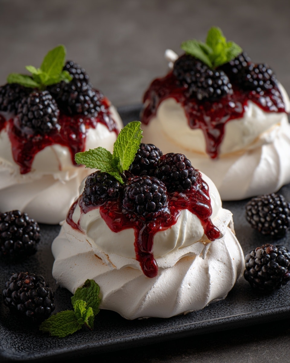 The image shows three pavlovas arranged on a black rectangular plate, each with three layers: the bottom layer is a round, white, textured meringue base that looks crispy and light; the middle layer is smooth white whipped cream swirled on top; the top layer is a thick, red berry sauce dripping down the cream, crowned with several shiny black blackberries and a small green mint leaf. Additional blackberries are placed on the plate around the pavlovas, and the entire setting is on a white marbled surface. The photo taken with an iphone --ar 4:5 --v 7