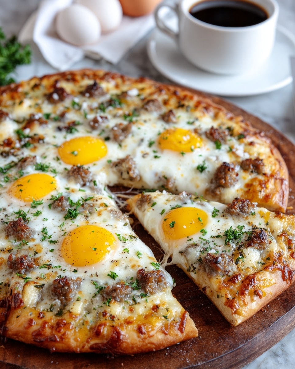 A close-up of a thick-crust pizza on a wooden board shows four fried eggs with bright yellow yolks placed evenly on top. The pizza has a golden-brown crust with melted cheese that covers the surface, slightly browned at the edges. There are evenly spread small chunks of browned sausage, and green parsley sprinkled over the cheese and eggs adds a fresh touch. The background is a white marbled texture with a cup of black coffee in a white cup, a white napkin, and two eggs. A slice is removed, showing the soft inside of the crust and cheesy toppings. photo taken with an iphone --ar 4:5 --v 7