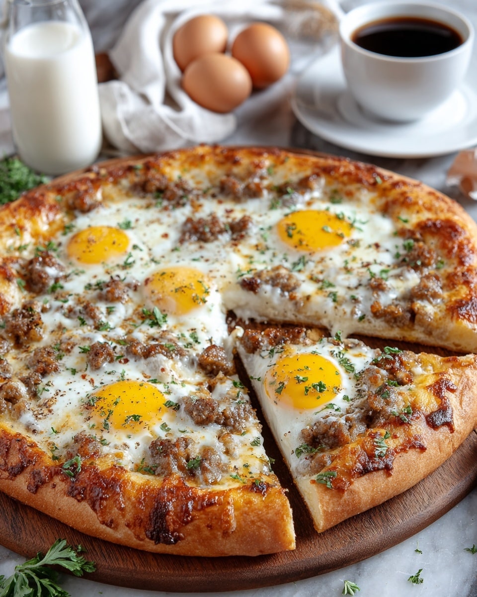 A pizza with a thick golden-brown crust sits on a wooden board over a white marbled texture. The pizza has melted cheese covering it, topped with browned sausage pieces and three sunny-side-up eggs with bright yellow yolks, each sprinkled with chopped green herbs and black pepper. A slice is slightly pulled out, showing the airy texture of the crust. In the background, there is a cup of black coffee, two eggs, a glass bottle of milk, and a white cloth. photo taken with an iphone --ar 4:5 --v 7