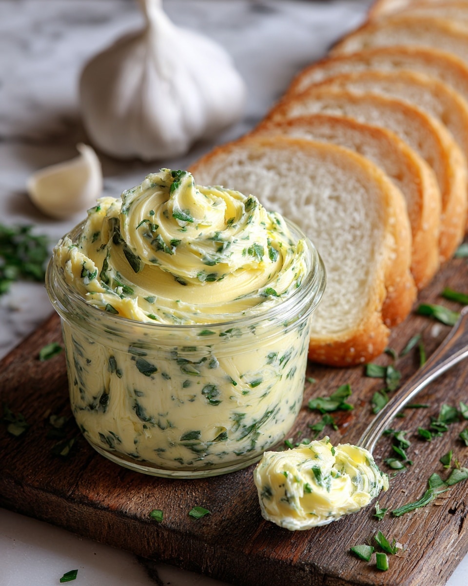 A small clear glass jar filled with creamy yellow butter mixed with finely chopped green herbs, showing soft and swirled texture on top and sides; next to the jar on the right is a silver spoon with a dollop of the same herb butter resting on a rough wooden board that has scattered green herb pieces around; behind it is a row of six white slices of bread with light brown crusts, arranged in an angled line, and to the left side at the back is a large whole garlic bulb with a small loose garlic clove sitting on the wooden board; the whole scene is set on a white marbled texture surface. photo taken with an iphone --ar 4:5 --v 7