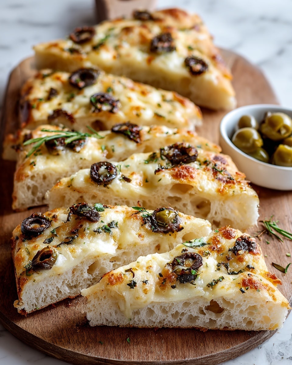 The image shows several thick, triangular slices of focaccia bread arranged in a row on a wooden board. Each slice has a golden-brown, bubbly top layer covered with melted cheese that is browned in spots, giving a slightly crispy texture. Scattered on top are small, round black and green olive pieces embedded into the cheese, along with some sprinkled herbs adding a green touch and a small rosemary sprig on one slice. The bread's interior visible from the side is soft and airy with a light beige color. A small white bowl with green olive pieces sits beside the wooden board on a white marbled textured surface. Photo taken with an iphone --ar 4:5 --v 7