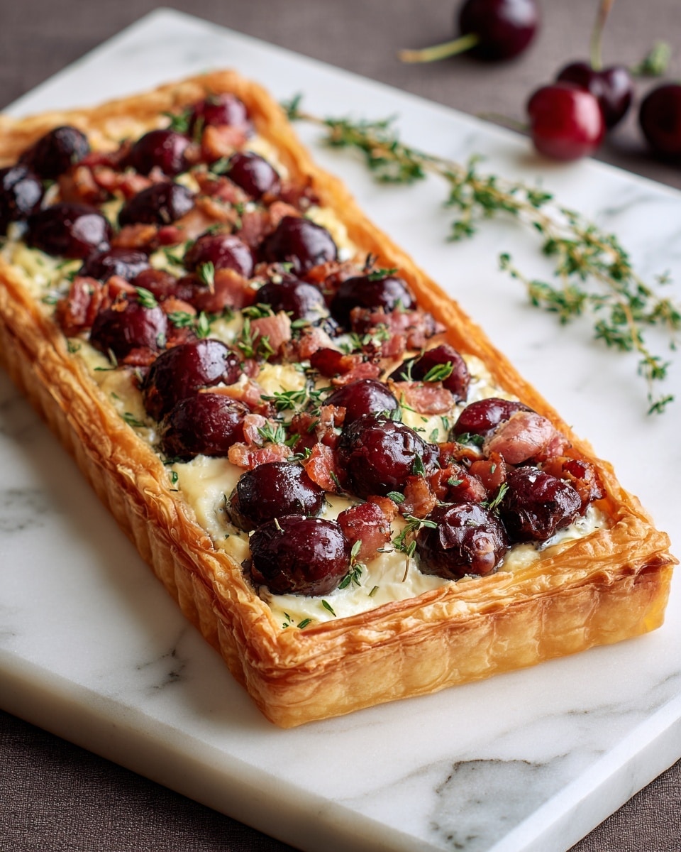 A rectangular tart with a golden puff pastry crust forms the base layer, thick and flaky with raised edges. On top, there is a creamy white cheese layer, smooth and slightly melted. Scattered over the cheese are deep red cherries and crispy bacon pieces, both providing a glossy and textured contrast. Sprigs of green herbs are sprinkled throughout, adding a fresh touch. The tart is placed on a white board with a few thyme sprigs beside it, all sitting on a white marbled surface. photo taken with an iphone --ar 4:5 --v 7