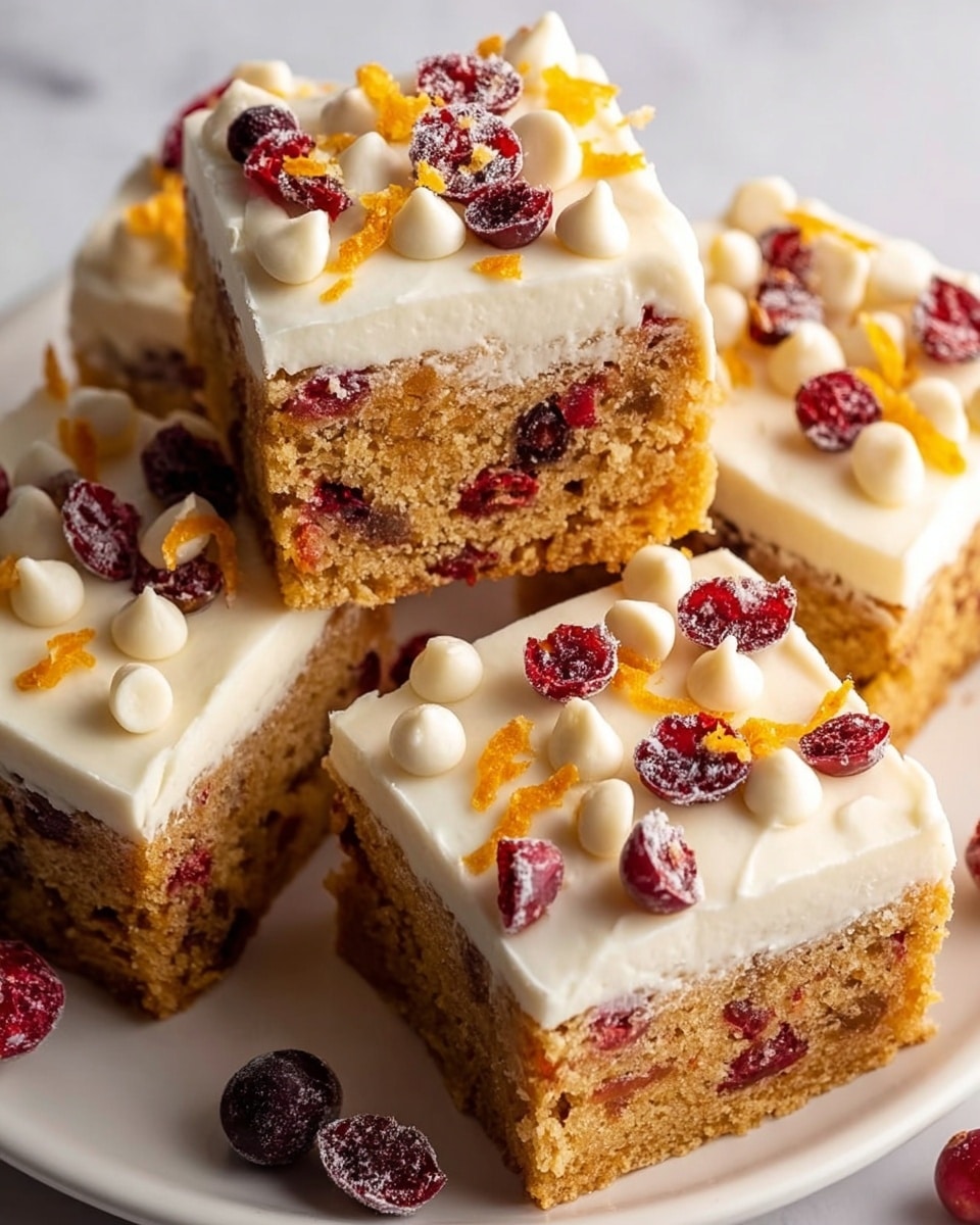 The image shows several square slices of a dessert bar placed close together on a white plate over a white marbled surface. Each slice has two main layers: the bottom layer is a dense, light brown cake with visible bits of red cranberries baked inside, and the top layer is a creamy white icing. The icing is decorated with white chocolate chips and dried cranberry pieces scattered unevenly. Some small orange zest bits add a touch of color on top. A few whole cranberries are scattered around the plate. The texture of the cake looks soft and moist while the topping is smooth with a mix of chewy and crunchy bits. photo taken with an iphone --ar 4:5 --v 7