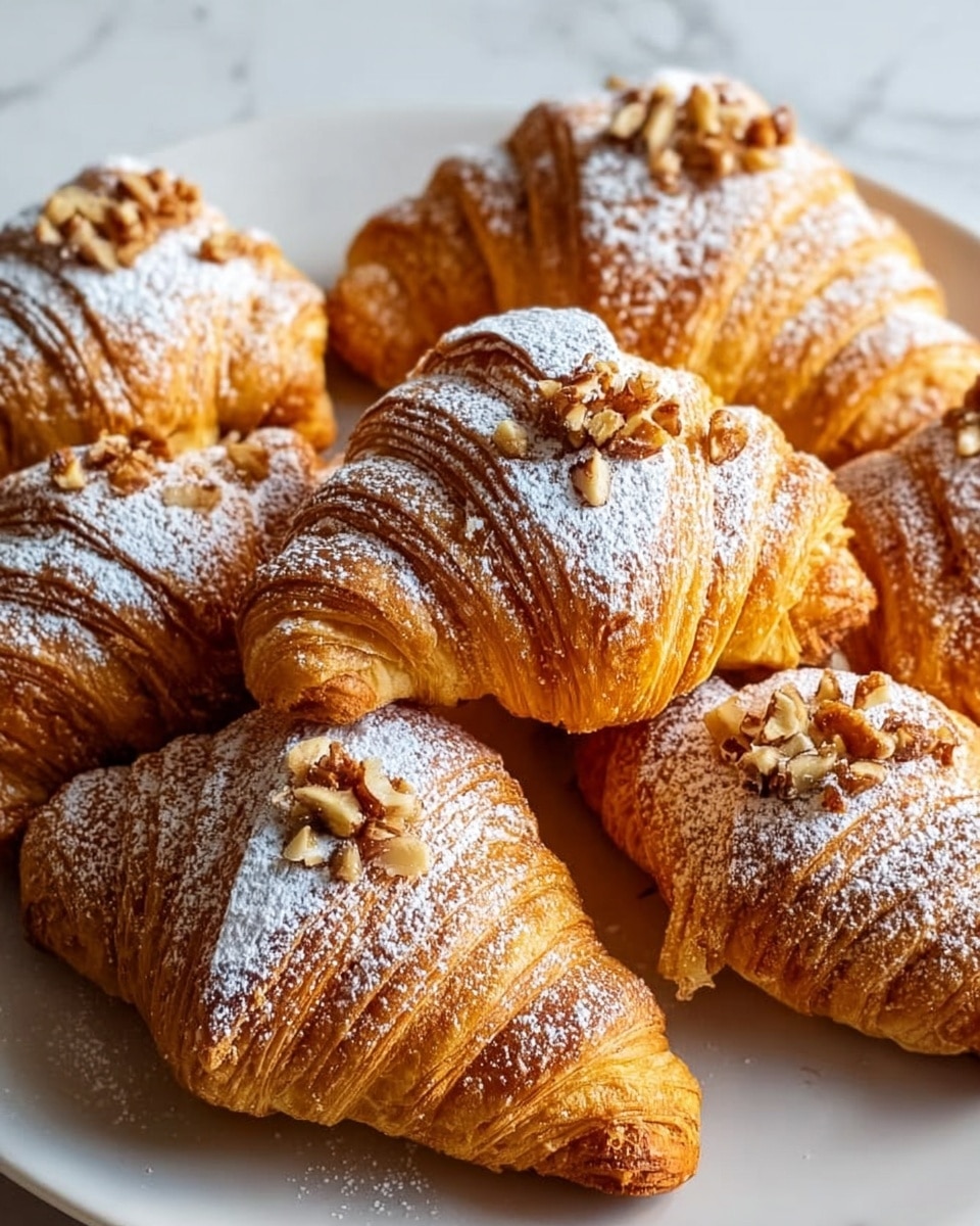 The image shows six golden-brown croissants arranged close together on a white plate, each with multiple flaky layers visible. They are dusted with a light layer of white powdered sugar on top, and small pieces of chopped nuts are scattered over the croissants, adding texture and contrast. The croissants have a shiny, slightly crisp outside with clear folds and a soft, puffy look inside the layers. The plate sits on a white marbled surface, adding a clean and bright background to the warm tones of the croissants. photo taken with an iphone --ar 4:5 --v 7
