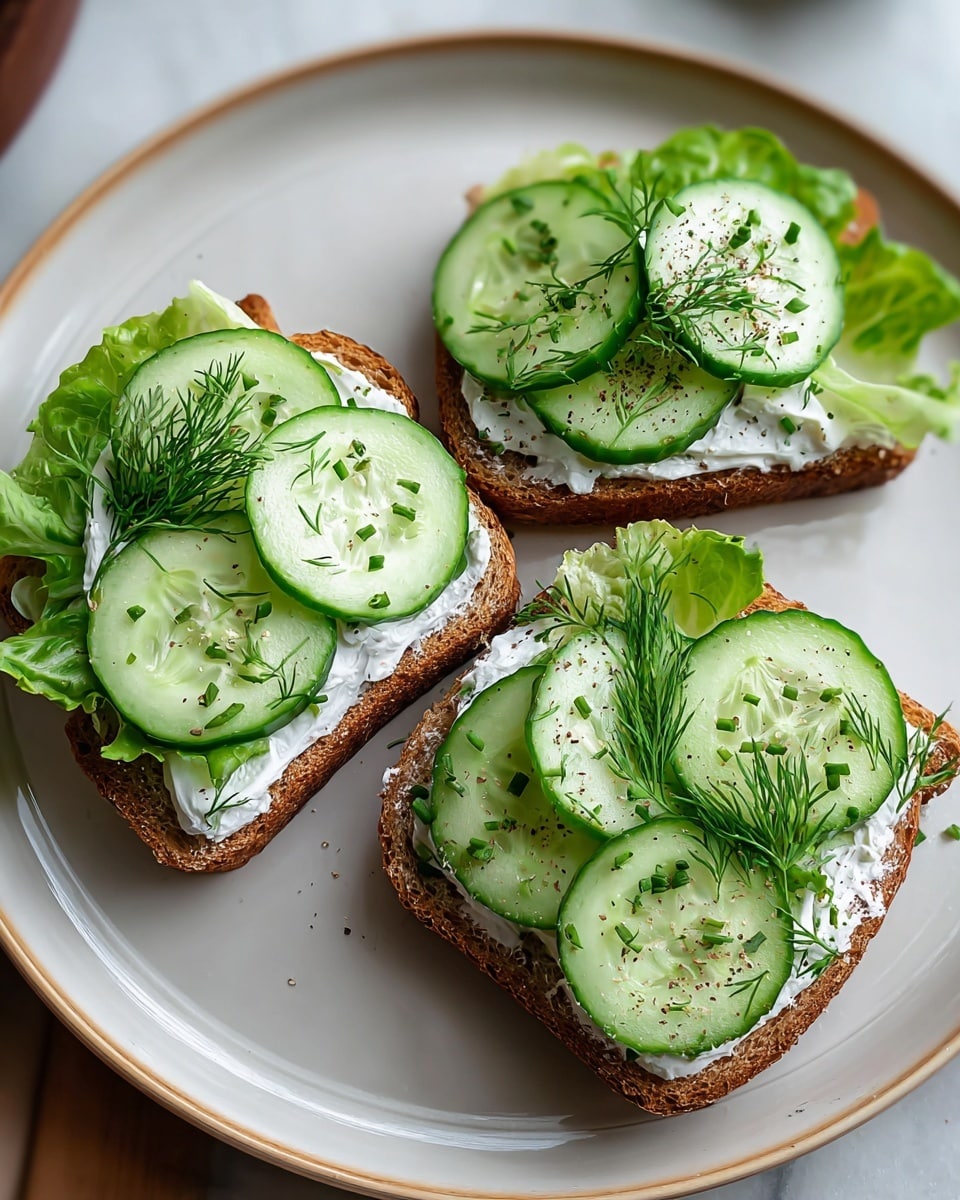 Three open-faced sandwiches on a white plate with a beige rim are shown against a white marbled surface. Each piece of toasted brown bread is layered with a thick spread of white cream cheese, topped with bright green leafy lettuce that slightly curls at the edges. On top of the lettuce, there are several round slices of fresh cucumber arranged to overlap slightly. Fresh green dill sprigs and chopped chives are sprinkled over the cucumbers, along with a light dusting of ground pepper for texture and color contrast. The image shows close-up details and soft natural light, creating a fresh and inviting look. photo taken with an iphone --ar 4:5 --v 7