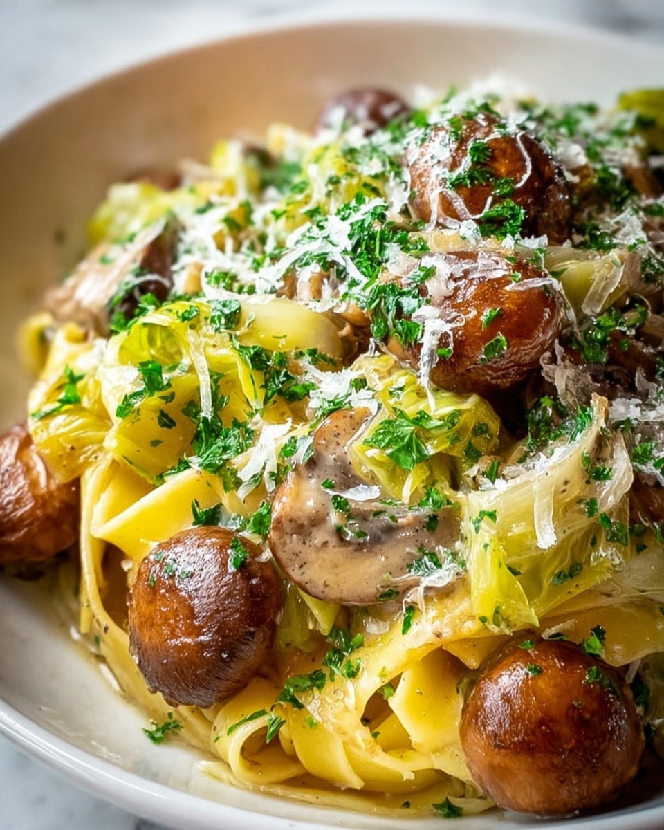 A close-up view of a creamy pasta dish served in a white plate on a white marbled surface, showing about three layers: the bottom layer is soft, yellow tagliatelle pasta with a smooth texture, mixed with light green, translucent cooked leek pieces; the middle layer consists of whole browned mushrooms with a slightly shiny, cooked surface; the top layer is covered with finely chopped fresh green herbs and a light sprinkling of freshly grated white cheese scattered unevenly, all blending beautifully to create a rich, warm look. photo taken with an iphone --ar 4:5 --v 7