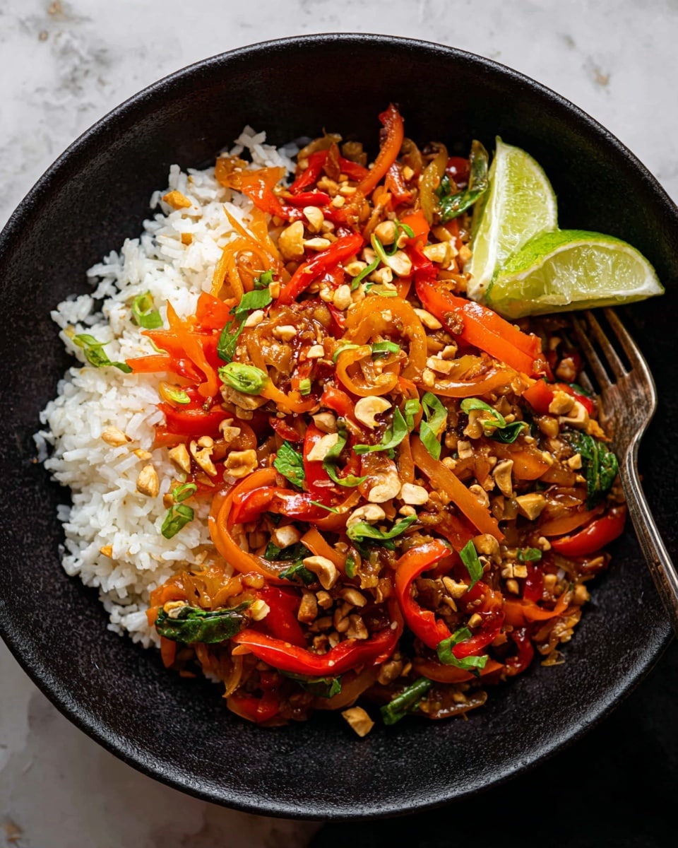 A black bowl holds a two-layer dish on a white marbled surface: the bottom layer is plain white rice, soft and fluffy, covered by a colorful stir-fry with thinly sliced orange and red bell peppers, finely chopped nuts, and small green leaves scattered on top. Two lime wedges sit on the side, and a fork rests on the right edge of the bowl. The stir-fry has a glossy, slightly oily texture with crispy bits visible. Photo taken with an iphone --ar 4:5 --v 7