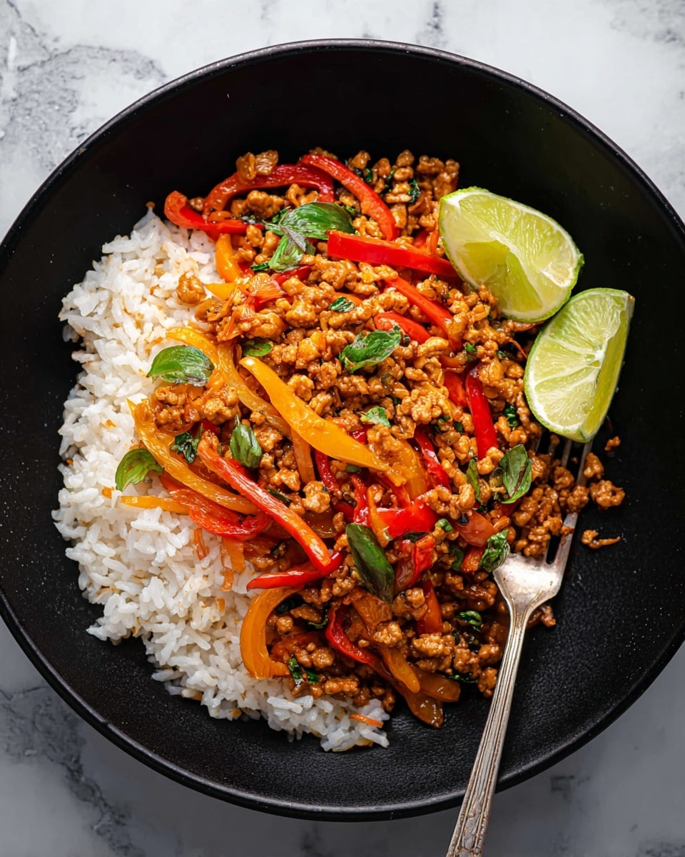 A black bowl holds a dish with two main layers; the bottom layer is fluffy white rice with visible grains, and the top layer is a colorful stir-fry mix of finely chopped brown tempeh and thin, long strips of red and yellow bell peppers. Small green leaves are scattered on top of the stir-fry. Two bright green lime wedges rest on one side of the bowl. A silver fork is placed on the right side, touching the stir-fry gently. The bowl is set on a white marbled surface. photo taken with an iphone --ar 4:5 --v 7