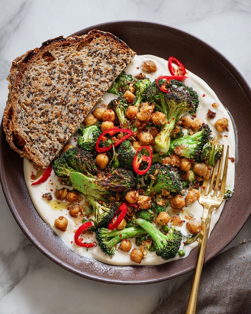 A round white plate sits on a white marbled surface, layered with a creamy white sauce spread thinly on the bottom, topped with a mix of charred green broccoli florets and golden-brown chickpeas scattered evenly across. Bright red chili slices are sprinkled on top, adding a pop of color, while a slice of toasted, speckled multigrain bread rests on one side of the plate, partially covered by the vegetables. A gold fork is placed beside the food on the plate. Photo taken with an iphone --ar 4:5 --v 7