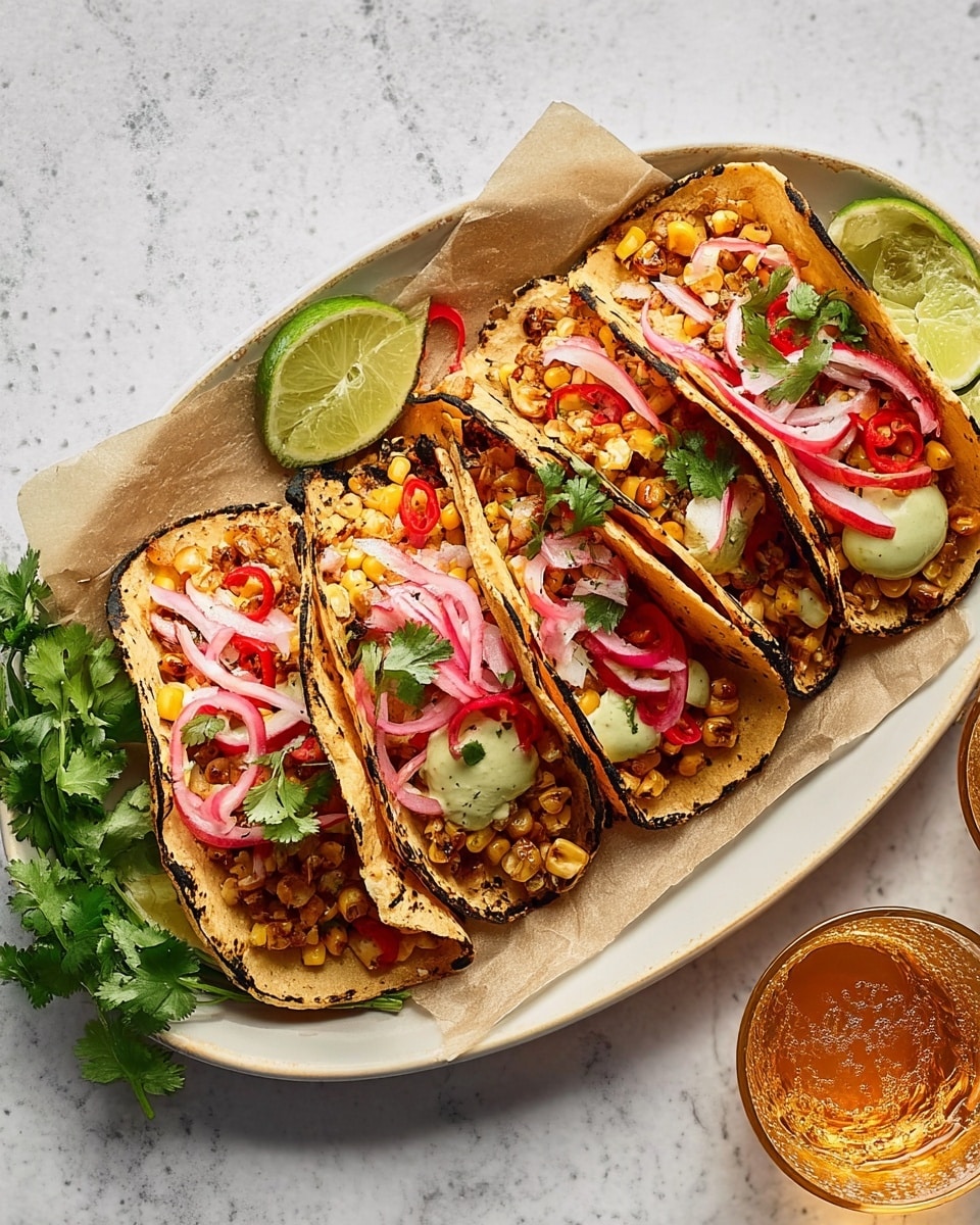 Four tacos are arranged on a white oval plate lined with a sheet of parchment paper, sitting on a white marbled surface. Each taco has one layer of a slightly charred corn tortilla, filled with golden roasted corn kernels, thin slices of red chili, and pickled red onion strips. Small green cilantro leaves are scattered on top, adding fresh color. A dollop of pale green sauce is visible under the corn in some tacos. To the side of the plate, there is a sprig of fresh cilantro, a lime wedge, and a glass of amber-colored drink with bubbles. photo taken with an iphone --ar 4:5 --v 7