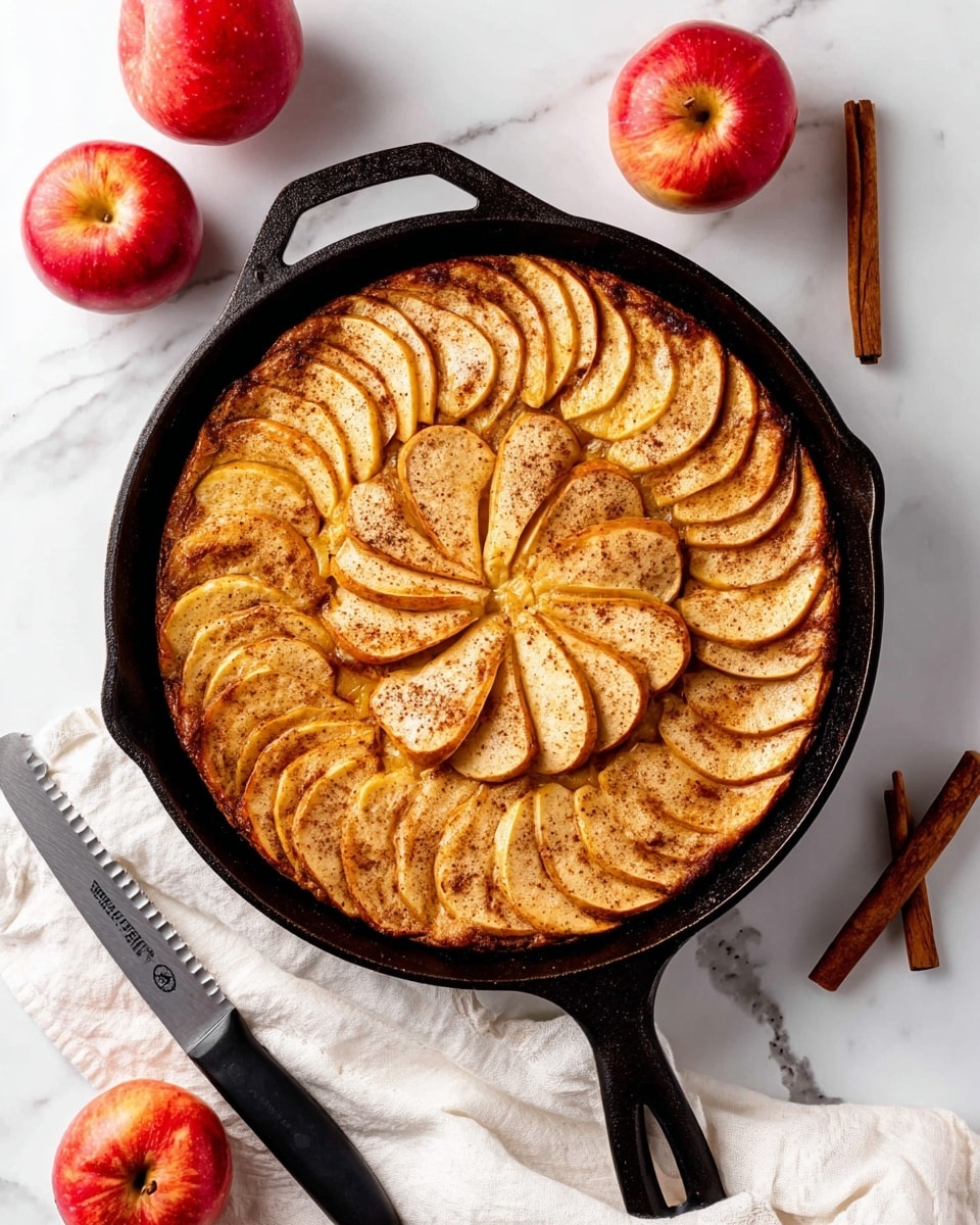 A baked apple dessert arranged in a black cast iron skillet sits on a white marbled surface. The dish has multiple thin layers of apple slices, arranged in concentric circles from the outer edge to the center, with a light golden-brown color and sprinkled with cinnamon. The edges of the slices are slightly caramelized, and the dessert is pre-sliced into 10 wedges. Around the skillet, there are red apples, a serrated knife with a black handle on a white cloth, two cinnamon sticks, and a white cloth napkin. Photo taken with an iphone --ar 4:5 --v 7