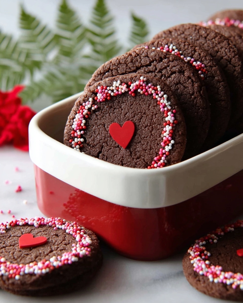 A group of round chocolate cookies with a thick, crumbly texture sit neatly stacked inside a white rectangular dish. Each cookie shows a small, red heart in the center, surrounded by colorful sprinkles in shades of pink, red, and white that line the edges. The dish is on a white marbled surface, with some cookies lying scattered around it. Soft green fern leaves and a red flower shape a blurred background, adding a gentle touch of color. photo taken with an iphone --ar 4:5 --v 7