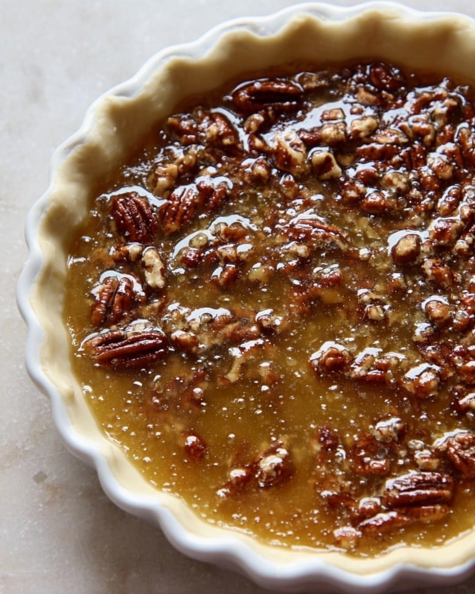 The image shows a close-up of an unbaked pecan pie filling in a white pie crust with a scalloped edge. The filling layer is thick and glossy with a golden-brown color, containing many whole pecans and smaller nut pieces suspended in a bubbly, syrup-like texture. The pie sits on a white marbled surface, and the photo captures the shiny, sticky surface of the filling with light reflections. photo taken with an iphone --ar 4:5 --v 7