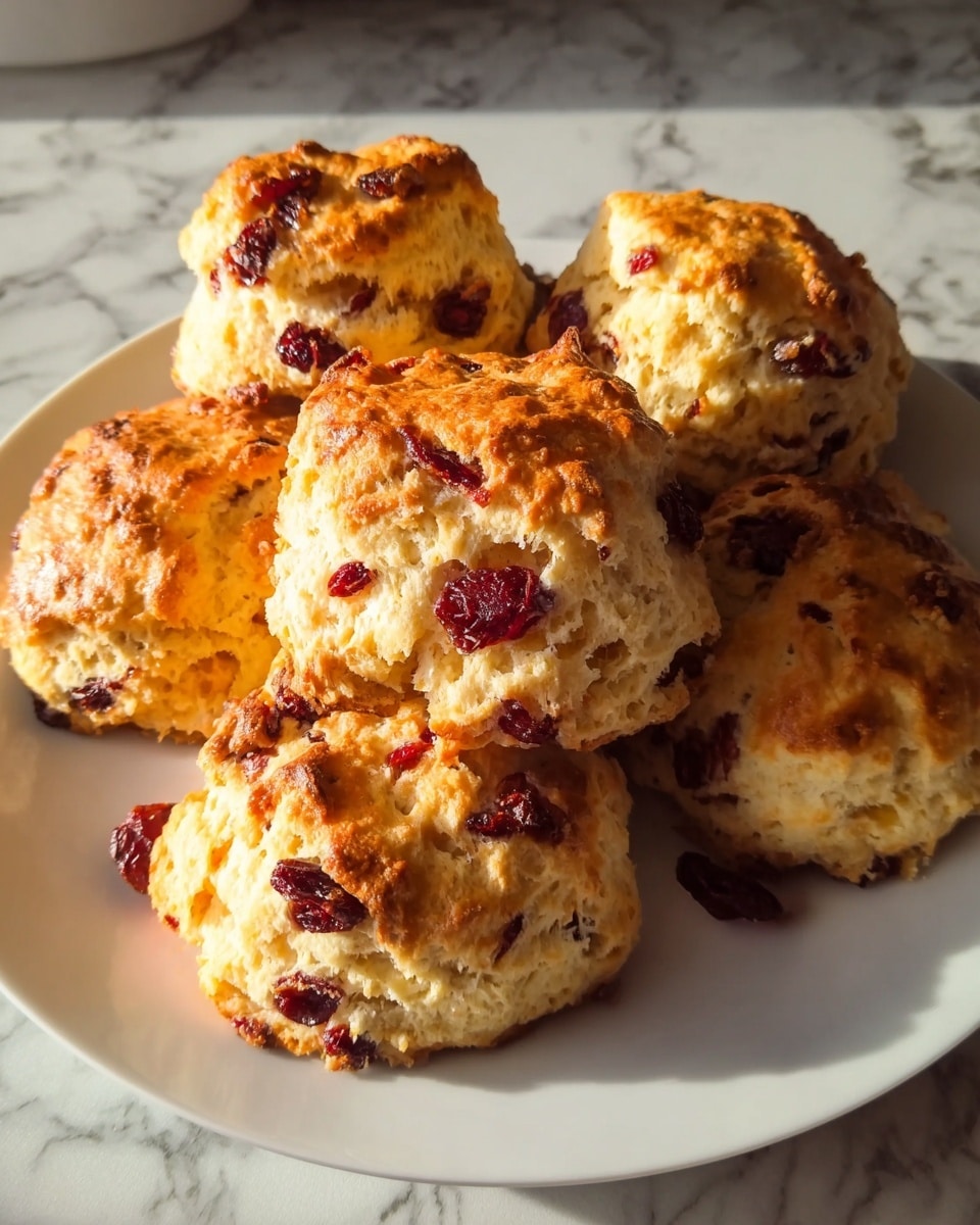 A white plate holds six golden-brown scones with a rough, crumbly texture. Each scone shows chunks of dark red dried cranberries scattered through the light, fluffy dough. The scones look soft inside but have a slightly crispy outside crust. The plate rests on a white marbled surface with natural light highlighting the warm tones of the baked scones. photo taken with an iphone --ar 4:5 --v 7