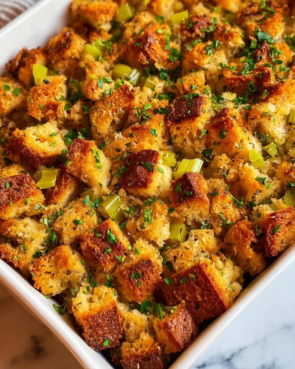 The image shows a baked dish in a white rectangular baking pan filled with a single thick layer of golden brown, crispy bread cubes. The bread cubes have a crunchy texture with a mix of light and dark browns on the crust. Mixed among the bread pieces are small chunks of cooked celery with a pale green color, adding texture contrast. Fresh chopped green herbs are sprinkled evenly throughout the dish, adding small pops of bright green. The surface beneath the pan is a white marbled texture. photo taken with an iphone --ar 4:5 --v 7