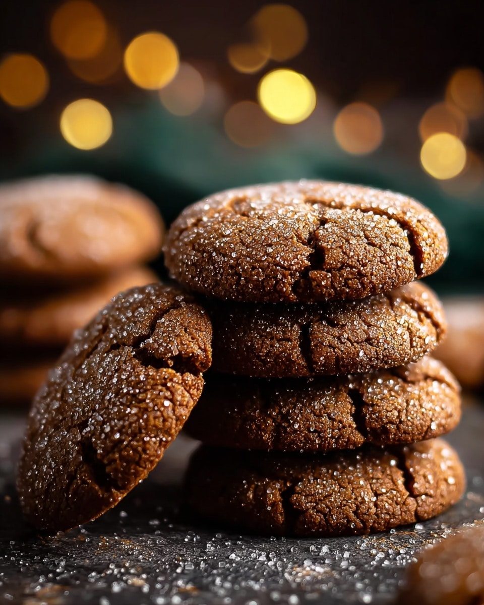 The image shows a stack of four round brown cookies with a cracked surface and sprinkled with white sugar on top, placed on a dark textured surface with some scattered sugar granules around. Another cookie leans against the stack on the left side, and a blurred background of more cookies and warm glowing lights adds depth. The cookies look soft and chewy with a textured and slightly rough look. photo taken with an iphone --ar 4:5 --v 7