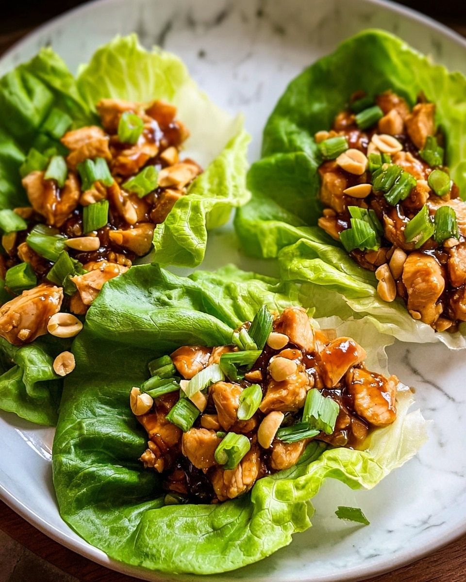 The image shows three lettuce wraps placed on a white plate sitting on a white marbled surface. Each wrap has a large green lettuce leaf as the base layer, holding small chunks of cooked chicken covered in a shiny brown sauce. On top of the chicken, green chopped scallions are scattered, along with some small peanuts, adding texture and color contrast. The lettuce leaves have visible veins and slightly curled edges, while the chicken pieces are glossy and tender-looking. The overall composition is neat, fresh, and vibrant. photo taken with an iphone --ar 4:5 --v 7