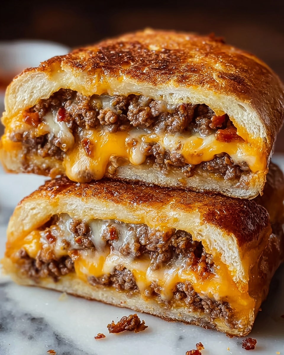 The image shows a close-up of two thick sandwich halves stacked on top of each other, each with three distinct layers. The outer layer is a golden-brown, toasted crust with a slightly glossy and crispy texture. Inside the sandwich, the middle layer consists of rich, crumbly ground beef mixed with small bits of browned bacon. Surrounding the meat is a bright orange melted cheese layer that looks gooey and smooth, blending into some lighter toppings that appear to be melted mozzarella or cheddar, adding a creamy texture. The sandwich rests on a white marbled surface with some crumbs scattered around. Photo taken with an iphone --ar 4:5 --v 7