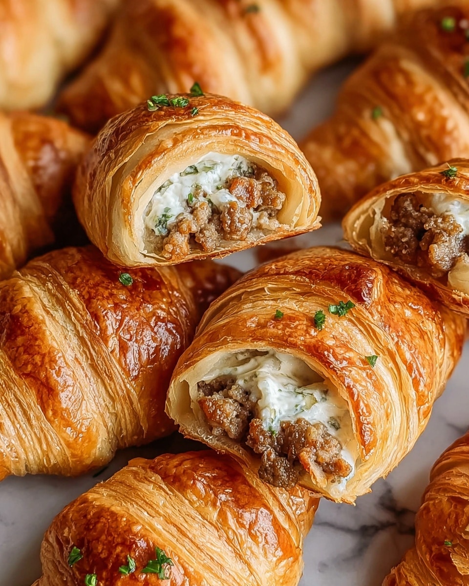 The image shows several golden-brown croissant-like pastries tightly packed together. Each pastry has multiple flaky layers on the outside with a shiny, crisp texture. The pastries are filled with a layer of small ground meat pieces mixed with green herbs, and some white creamy sauce is visible inside the filling. Small bits of green garnish are sprinkled on top of the pastries, adding a touch of color. The whole scene is set against a white marbled surface. photo taken with an iphone --ar 4:5 --v 7