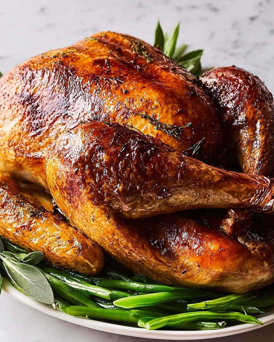 A whole roasted turkey with a shiny brown, crispy skin sits on a white plate. The turkey is placed on top of a bed of fresh green beans and garnished with green herb leaves on the side. The bird’s legs and wings are folded neatly, showing a textured and well-cooked surface. The plate rests on a white marbled surface, and the lighting highlights the golden hues and juicy texture of the turkey’s skin. Photo taken with an iphone --ar 4:5 --v 7