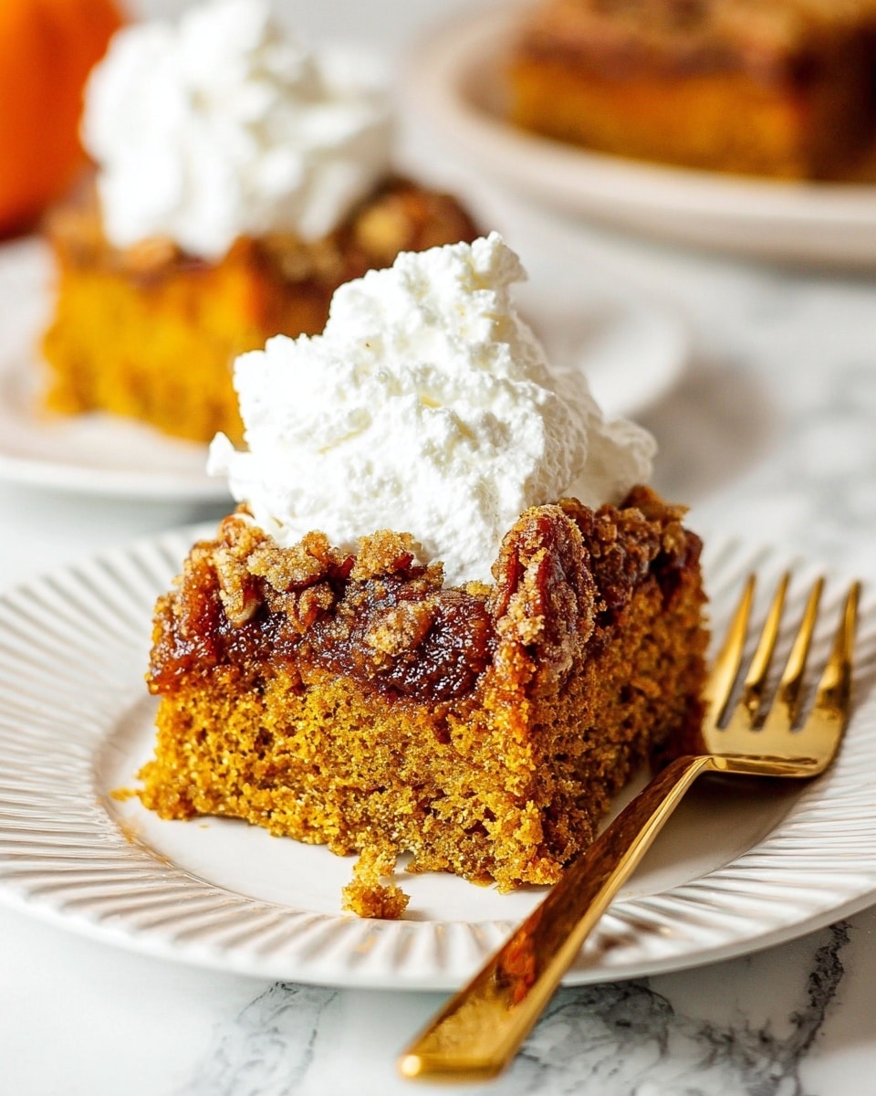 A single square piece of moist, golden-brown pumpkin cake sits on a white plate with a ridged edge, topped with a generous dollop of fluffy white whipped cream. The cake has a crumbly pecan streusel crust with visible pecan halves and a slightly glossy, caramelized texture. A shiny gold fork rests beside the cake on the plate, all placed on a white marbled surface. In the background, another piece of the same cake with whipped cream is slightly blurred. Photo taken with an iphone --ar 4:5 --v 7